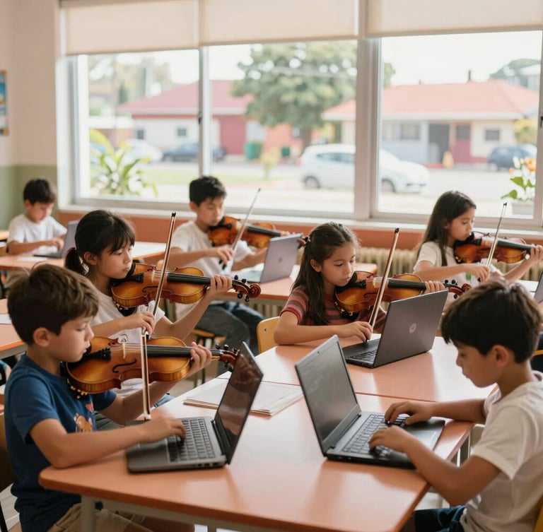 A wide environmental shot of a bright, sunlit classroom where children are working in pairs, some holding violins and others typing on laptops, warm terracotta tones, 35mm.