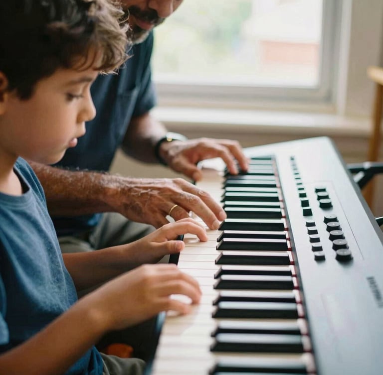 A close-up of a mentor guiding a young student's hands on a MIDI keyboard, warm natural light, focus on the keys and hands, 35mm photography
