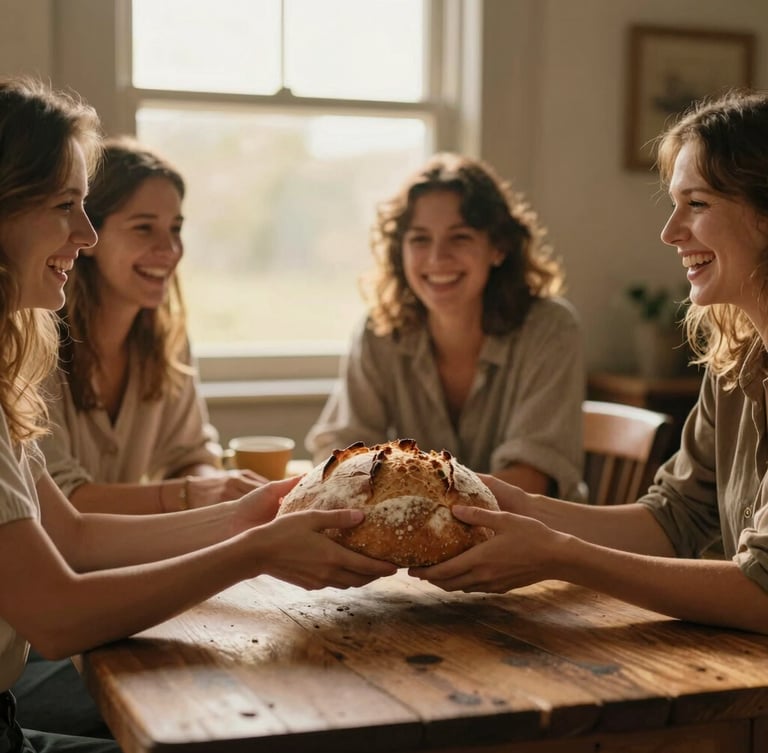 A warm, candid portrait of three women laughing around a rustic wooden dining table, hands passing a loaf of bread, soft golden-hour window light, shallow depth of field