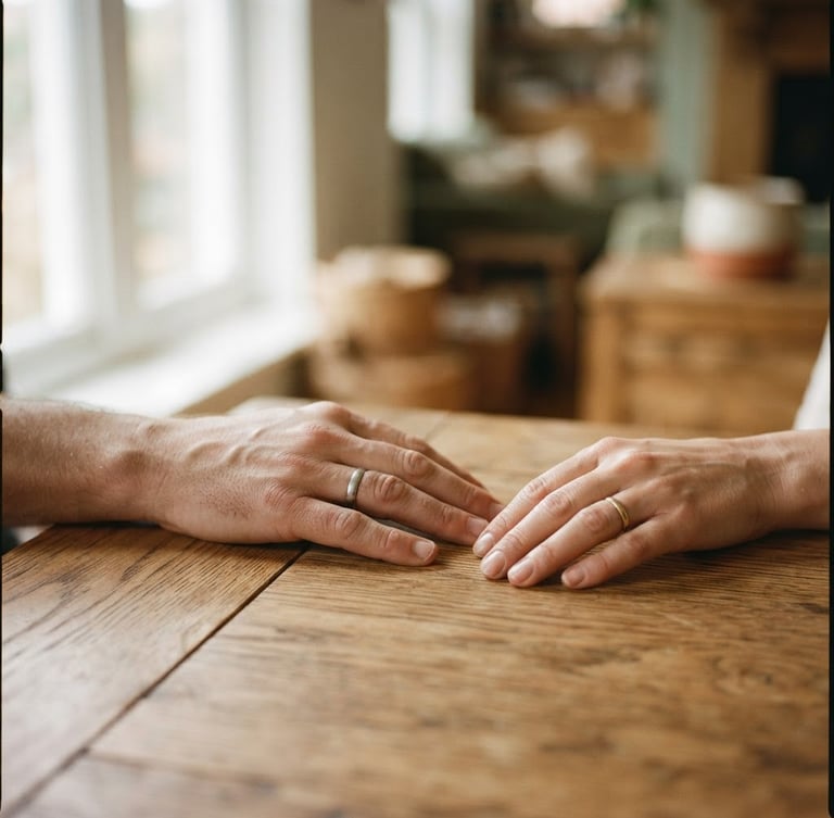 Soft-focus medium close-up of two hands resting near each other on a warm wooden table, diffused natural window light, shallow depth of field, 35mm.