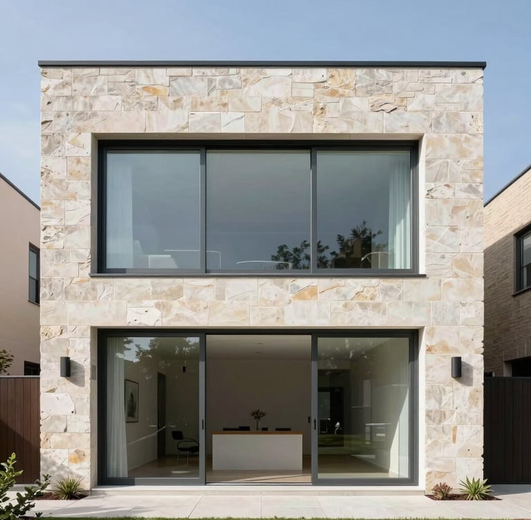 Straight-on architectural elevation of a renovated modern residence, natural daylight highlighting limestone cladding and premium custom steel window frames, wide angle, 35mm.