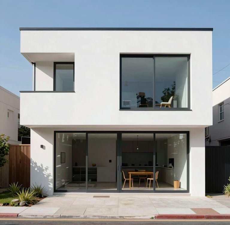 Straight-on architectural elevation of a modernized mid-century home exterior, striking natural daylight, clean minimalist lines, 35mm