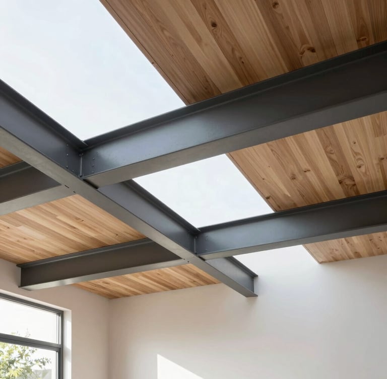 Editorial architectural photography of a modern residential renovation, clean structural steel beams integrated into a minimalist wood-framed ceiling, bright natural daylight streaming in, 35mm.