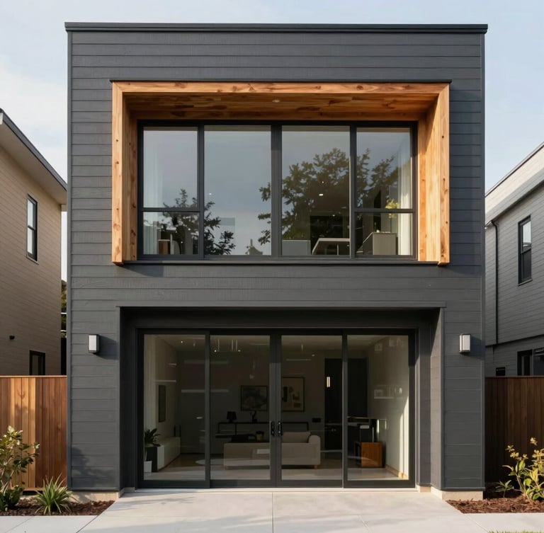 Straight-on architectural elevation of a modern residential facade, premium charcoal siding, warm cedar accents, striking natural afternoon daylight casting soft shadows, 35mm photography