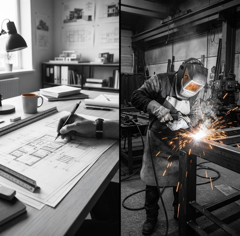 High-contrast split image: left side, an architect's hand sketching a detailed blueprint on a minimalist desk; right side, a skilled fabricator welding raw steel in a well-lit workshop, sparks flying. Both scenes are stark monochrome with subtle orange accents, architectural lines, and deep shadows.