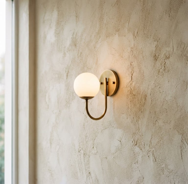 Warm minimalist lighting fixture casting soft shadows on a textured off-white plaster wall, natural side-lighting, elegant editorial photography
