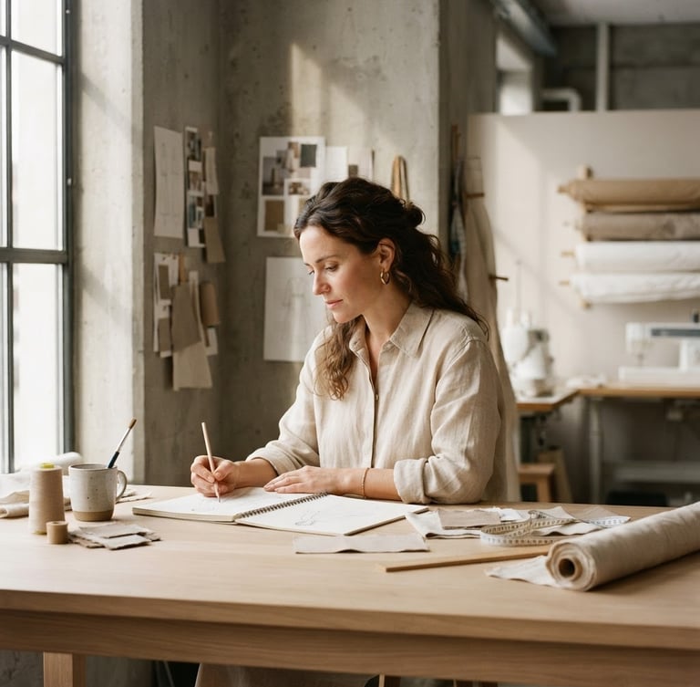 Warm minimalist portrait of a female designer in her workshop, soft natural side-lighting casting gentle shadows on concrete walls, elegant beige tones, editorial style