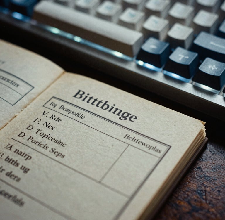 Macro close-up of a vintage library catalog card resting next to a modern mechanical keyboard with keycaps, soft screen glow lighting, high contrast, 35mm film grain.