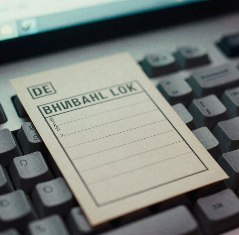 Macro close-up of a vintage library catalog card resting on a modern mechanical keyboard, soft green terminal screen glow in the background, 35mm film grain