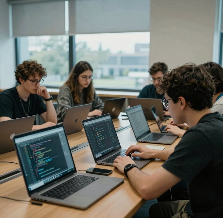Candid documentary shot of library programmers collaborating around a wooden table, laptops open with code editors visible, cool window light, natural academic setting, desaturated tones