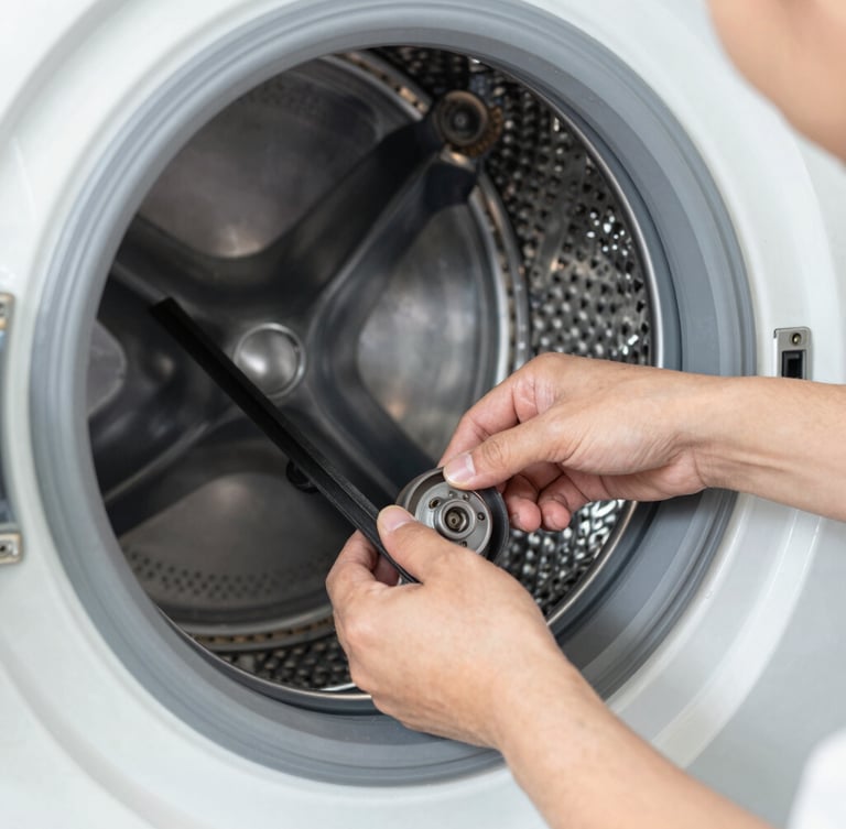Close-up of a technician's hands carefully installing a genuine replacement belt inside a washing machine drum, bright utility lighting, professional technical focus