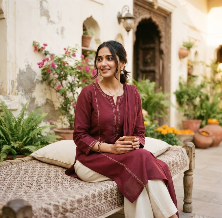 A modern Indian woman sitting gracefully in a sunlit cream-walled courtyard, wearing an elegant wine-colored cotton Kurti with subtle gold embroidery, soft natural daylight, shallow depth of field, 35mm editorial photography