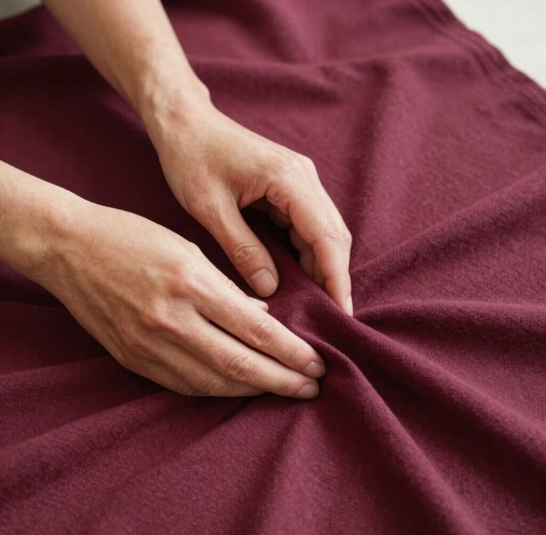 Warm editorial close-up of hands touching premium wine-colored cotton fabric, soft natural daylight, focusing on the fine weave and texture, 35mm