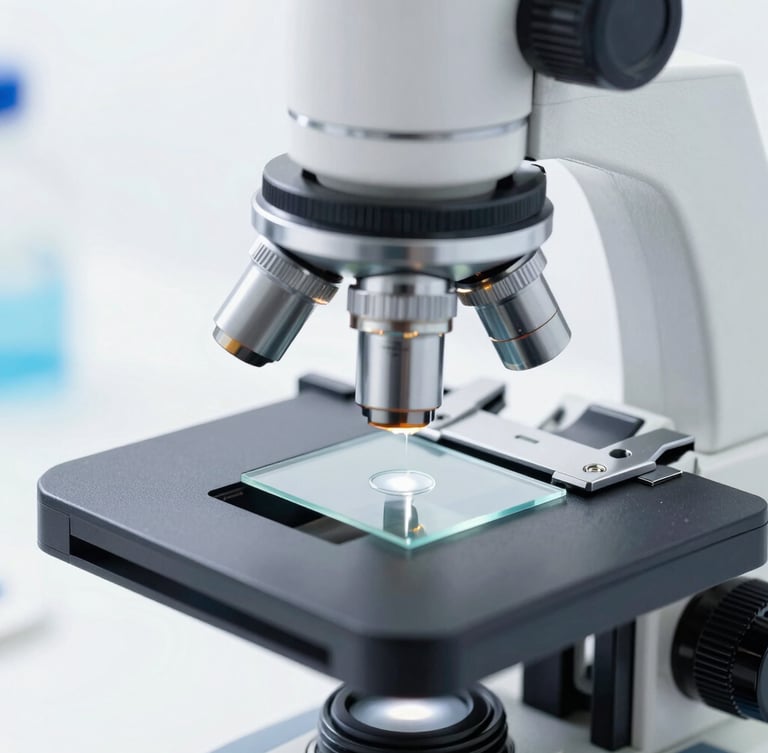 A high-precision laboratory microscope with a pristine cover slip placed on a glass slide under bright clinical white studio light.