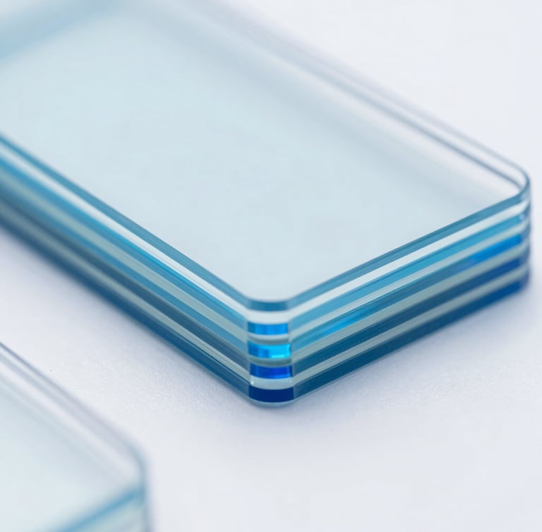 Macro close-up of pristine microscope glass slides stacked neatly on a clinical white surface, blue light reflecting off the precision beveled edges.