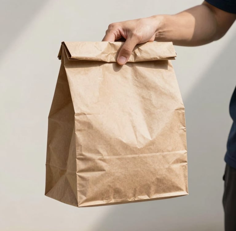 A professional courier's hand holding a discreet, unmarked brown paper delivery bag, natural daylight, soft shadows, clean background.