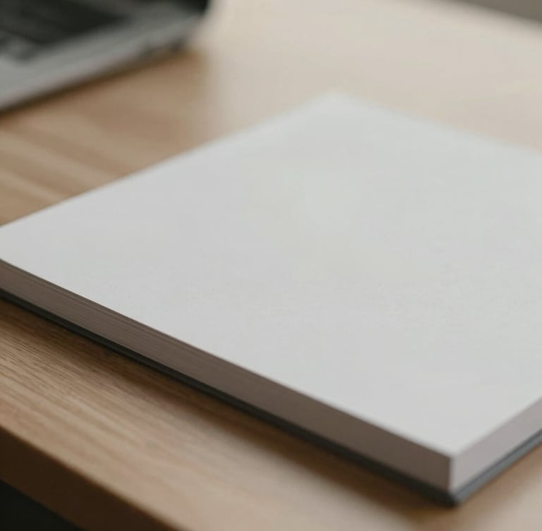Macro detail of a clean technical document on a wooden desk, soft diffused overcast daylight, muted slate and cream tones.