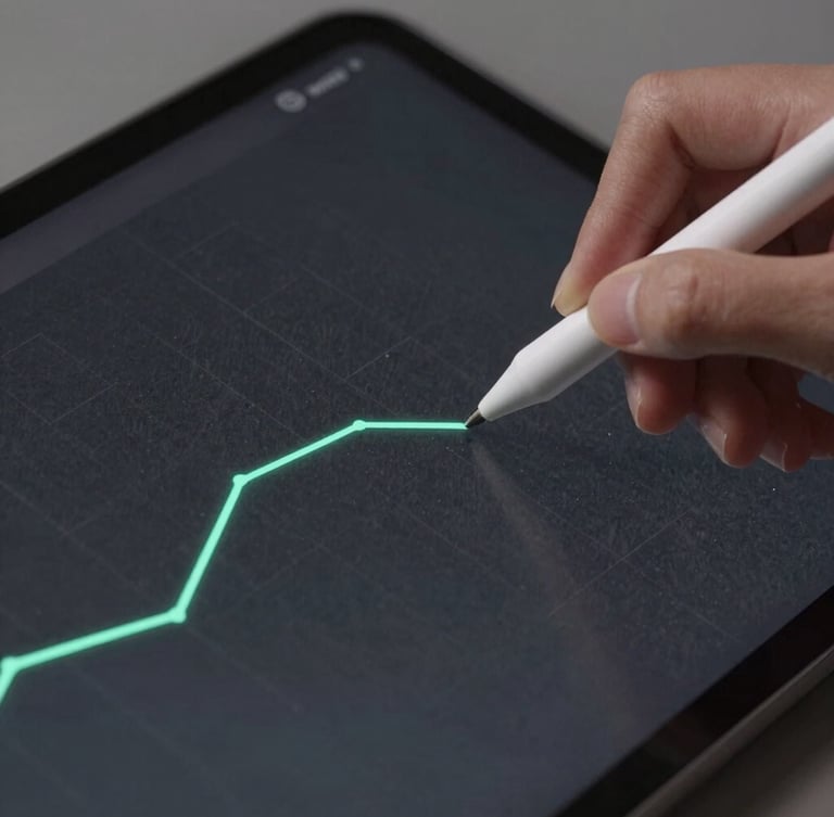 Extreme close-up of a premium Android tablet screen, a digital stylus drawing an electric mint vector curve on a dark slate canvas, soft studio lighting, macro details of the screen glass.