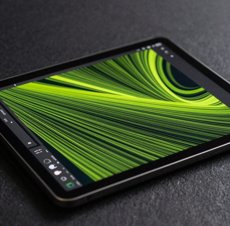 Extreme close-up of a premium Android tablet displaying a vector canvas with sharp neon-green lines, studio lighting, soft shadows, dark slate background