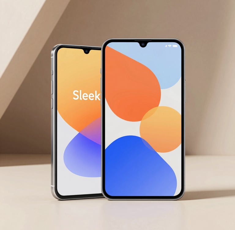Sleek isometric mockup of a premium Android phone and tablet side-by-side, sharing a vibrant color palette across screens, minimal 3D geometric background, soft studio shadows.