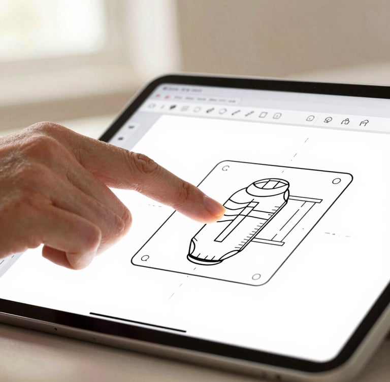 Extreme close-up of a hand interacting with a premium Android tablet screen. A clean vector drawing application is open, showing precise line art and a minimalist toolbar. Soft side window light, warm cream tones.