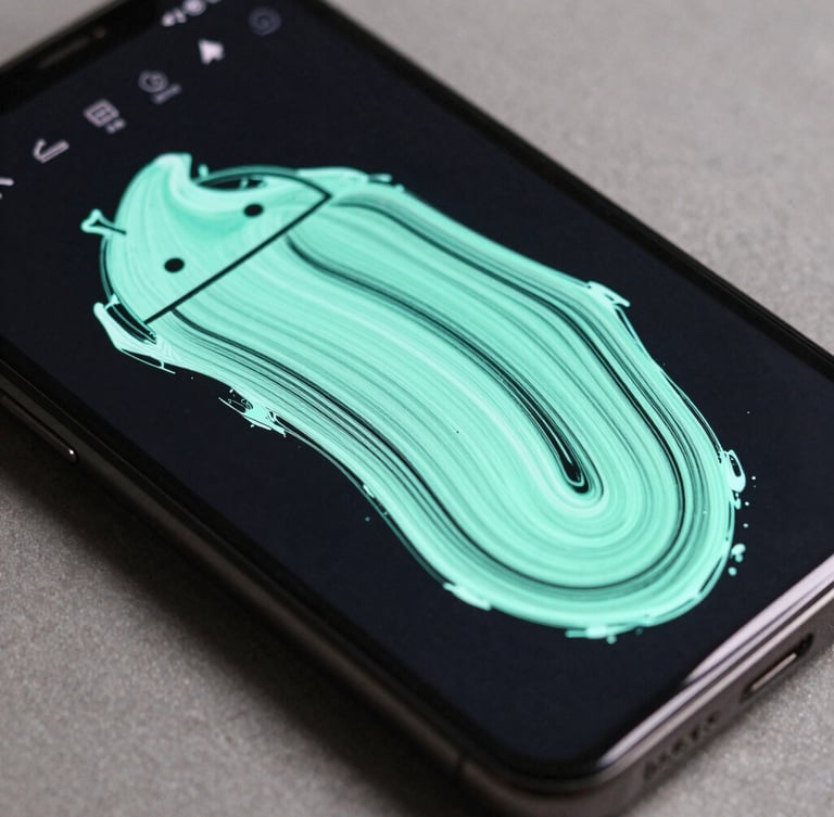 Extreme close-up of a premium Android smartphone screen showing a fluid vector drawing canvas with electric mint brush strokes, studio lighting with soft shadows, high-fidelity UI details.