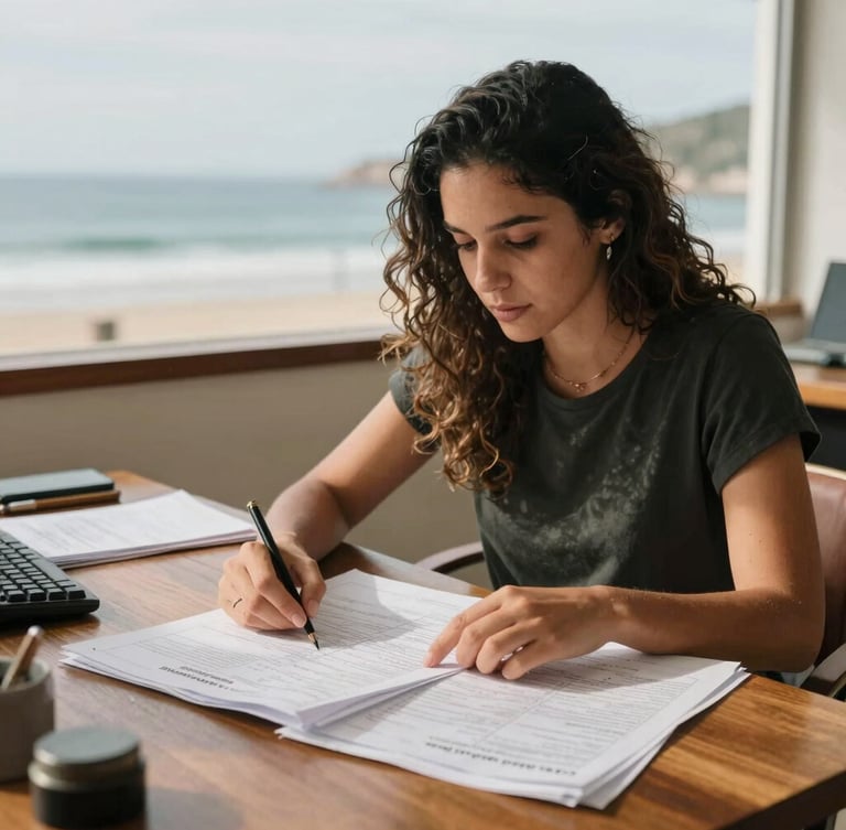 Medium shot of Flávia Pascoal at her wooden desk analyzing municipal planning documents, warm natural coastal light, authentic documentary style, 35mm