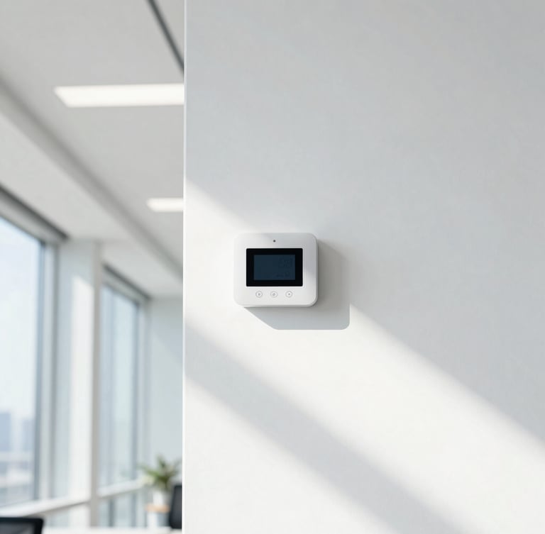 Bright architectural photography of a modern high-key office interior flooded with daylight, clean straight-on lines, a digital air sensor subtly mounted on a white wall, 35mm lens.