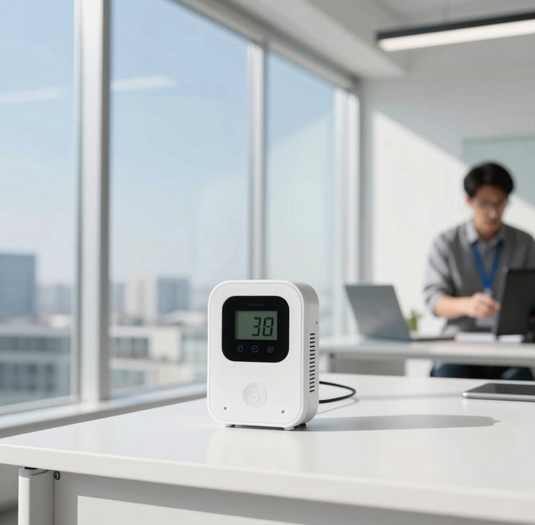 A high-exposure architectural office shot with clean natural daylight, showing a professional technician calibrating digital air quality sensors on a clean white desk, 35mm lens, sharp focus.