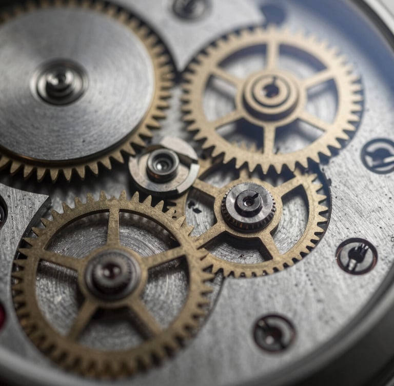 Extreme close-up of mechanical Swiss watch gears, dark metallic textures, sharp chiaroscuro highlights on polished steel, minimalist composition