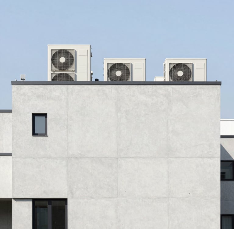 Minimalist modern concrete building facade, clean exterior architectural lines, bright daylight, high-end VRF outdoor units integrated seamlessly on a rooftop, 35mm architectural photography