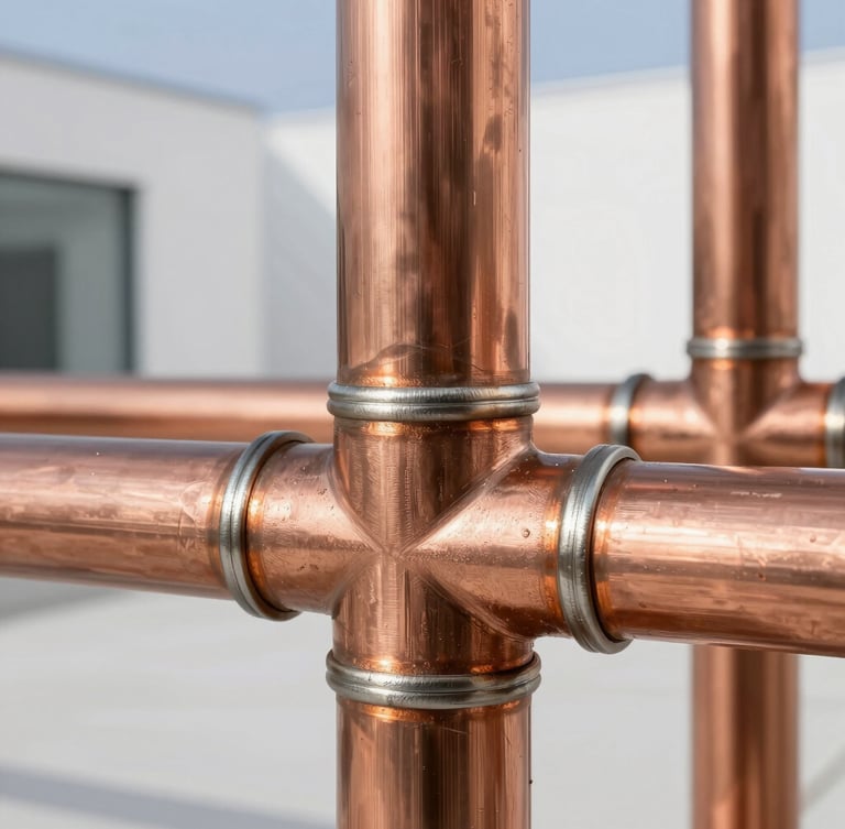 Macro close-up of a pristine copper piping manifold with precise brazing joints, bright clean studio lighting, technical blueprint lines visible in background, sharp focus, 35mm
