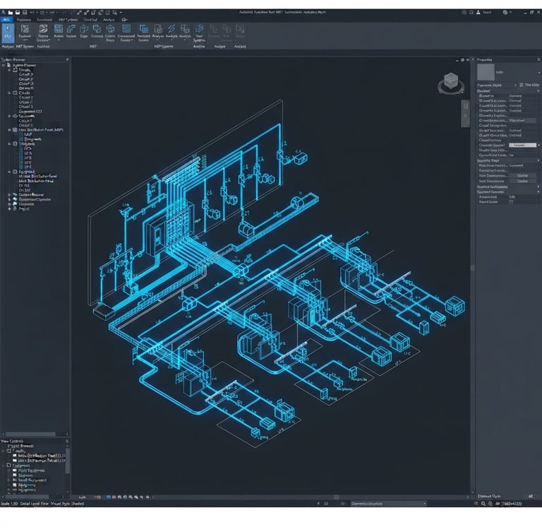Captura de tela do Revit MEP em dark mode, mostrando um diagrama unifilar gerado automaticamente com fiação elétrica em azul neon, detalhes da interface do usuário nítidos, vista isométrica, alta resolução 8k.