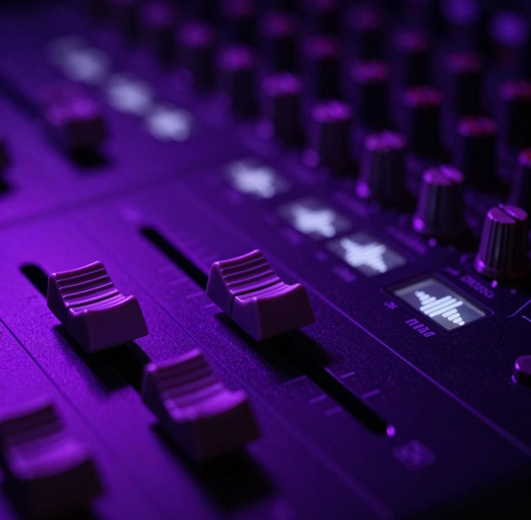 Macro close-up of a high-end studio mixing console with neon purple backlit faders and glowing soundwave displays, dark atmosphere