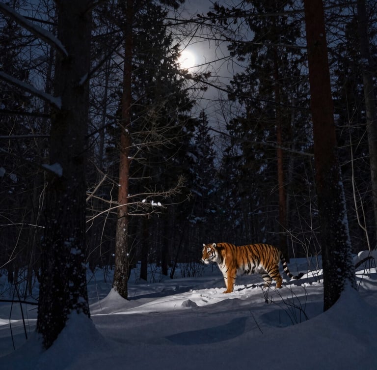 A telephoto lens pointed towards a distant, solitary Siberian tiger in a snow-covered forest, early morning light filtering through trees, emphasizing patient observation and the animal's isolation, fine art wildlife photography.