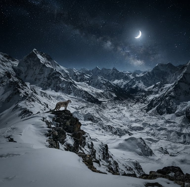Solitary snow leopard in a vast, pristine mountain landscape under soft moonlight, extreme wide environmental shot, high-contrast natural shadows, fine art landscape photography.