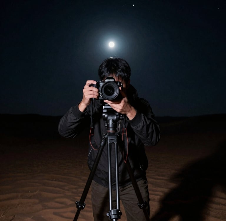 Portrait shot of a photographer's hands adjusting a camera on a tripod in a vast, cold desert landscape under starlight, emphasis on precision and dedication, fine art landscape photography