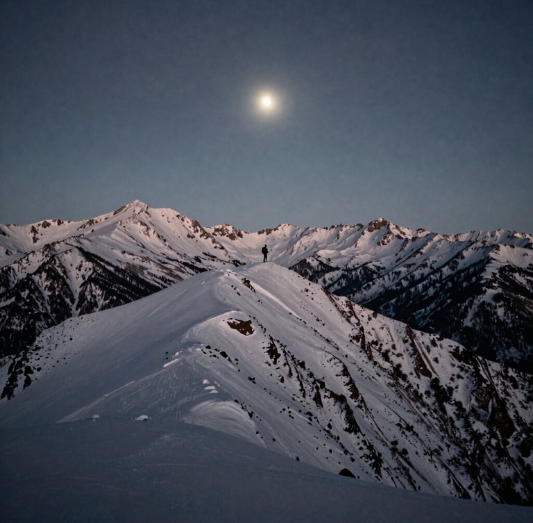 Wide panoramic view of a snow-covered mountain range at twilight, a distant solitary figure with a backpack standing on a ridge, emphasizing scale and isolation, muted cool tones, fine art landscape photography.