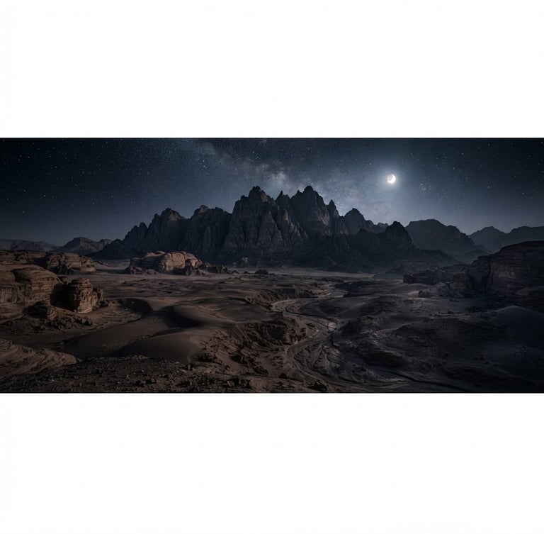 Wide panoramic desert landscape at golden hour, sharp mountains, deep shadows, emphasizing scale and isolation. No human presence, fine art landscape photography, deep contrast, rich dark tones.