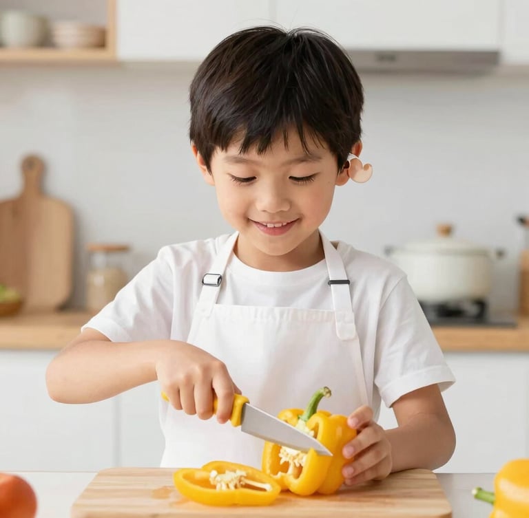 An eye-level medium shot of a cheerful young boy with a hearing aid wearing a white apron, carefully slicing a bright yellow bell pepper with a kid-safe knife in a sunlit kitchen.