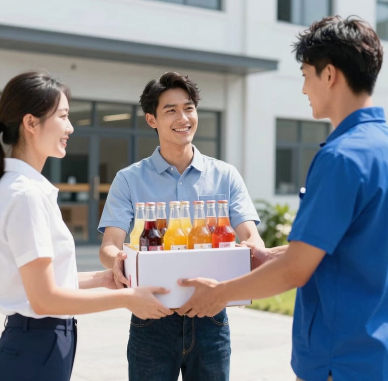 High-key commercial shot of a clean modern warehouse hand-off, a delivery driver in a clean uniform handing a box of premium beverages to a smiling restaurant manager.