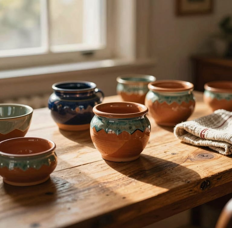 A beautiful close-up of glazed terracotta ceramics and handwoven textiles on a rustic wooden table, warm golden-hour sunlight streaming through a window, soft long shadows, cozy interior setting, 35mm