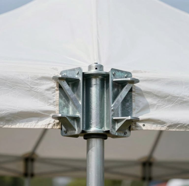 Close-up of load-tested heavy duty steel truss connectors and pristine white vinyl tent canvas tensioned perfectly