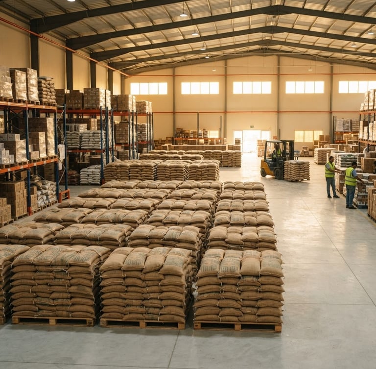 Wide environmental shot of organized pallets of premium branded rice bags stacked inside a clean, modern, well-lit wholesale warehouse in Mukalla, warm natural light filtering through high windows, medium format photography.