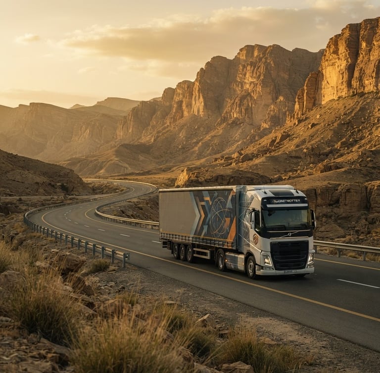 A wide environmental shot of a large commercial delivery truck branded with professional corporate design driving on a paved highway through the scenic arid mountains of Hadramout, warm golden hour sunlight, cinematic framing
