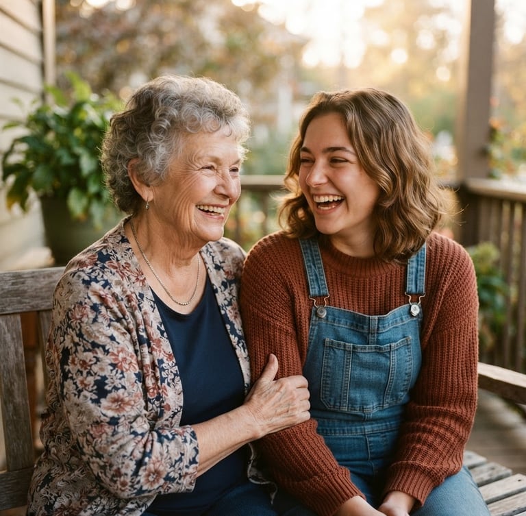 A close-up photograph of an older woman and a young adult volunteer sitting side-by-side on a porch, laughing together under warm, natural golden-hour light, shallow depth of field.