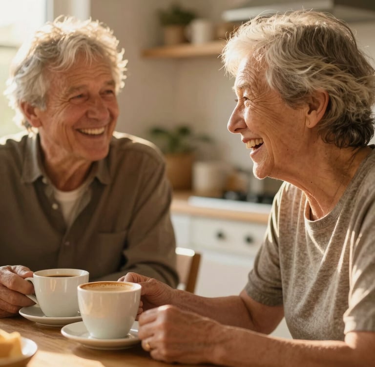 Close-up of a volunteer and a senior neighbor sharing a laugh over a warm cup of coffee in a sunlit kitchen, shallow depth of field, natural golden hour lighting.