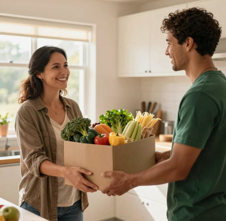 A medium environmental shot of a volunteer handing a box of fresh groceries to a smiling neighbor inside a bright, sunlit community kitchen, warm natural light.