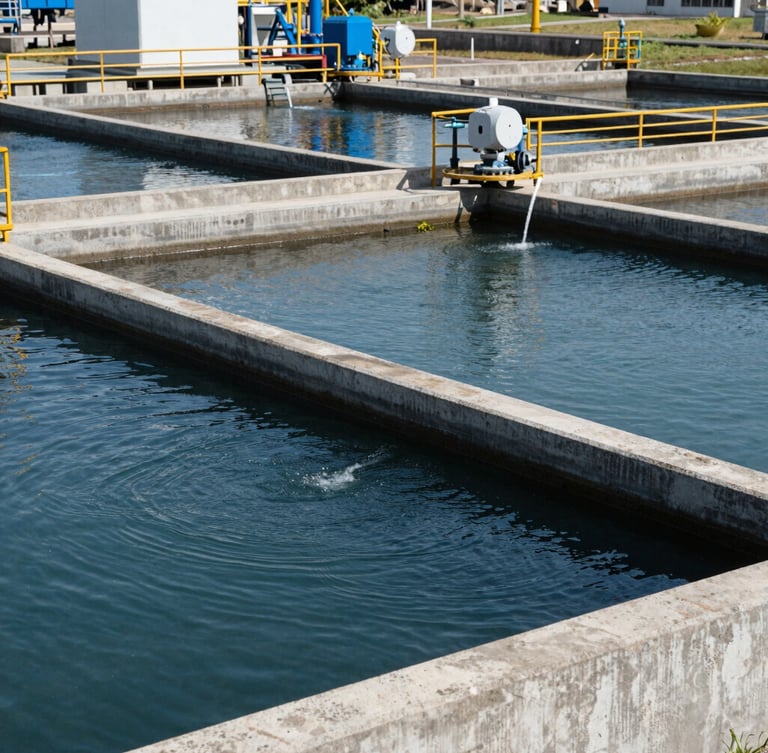 Wide environmental shot of an industrial wastewater treatment plant in Colombia, concrete aeration basins with clean water flow under crisp daylight, technical engineering documentation style, 35mm