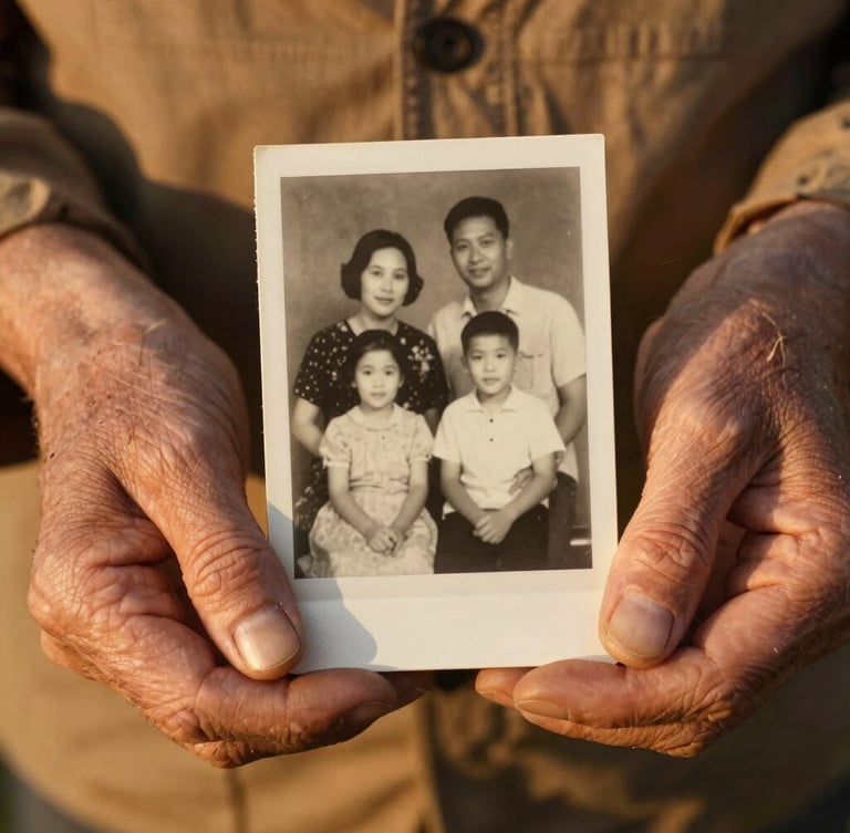 Close-up of old weathered hands holding a vintage black and white family photograph, warm golden hour light, nostalgic editorial style